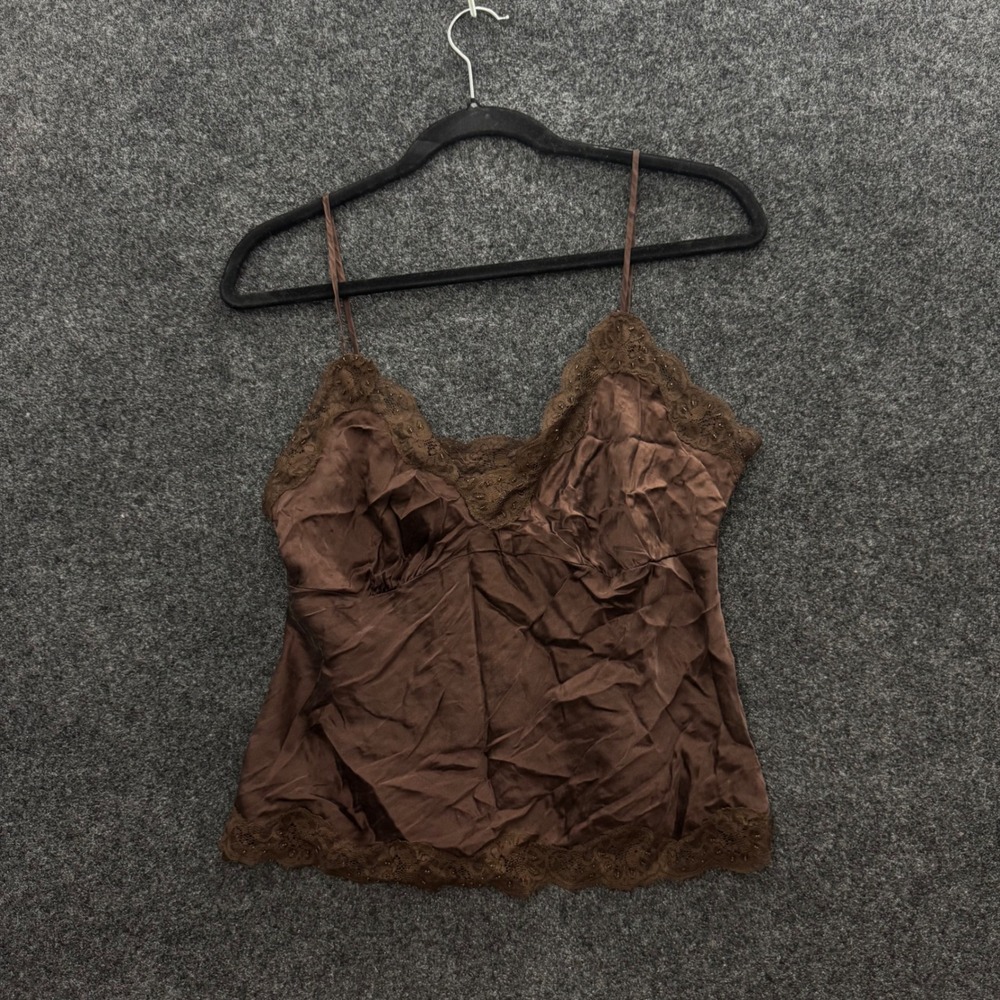 Allison Taylor Vintage Brown 100% Silk Lace Trim Beaded Camisole Tank Top Med